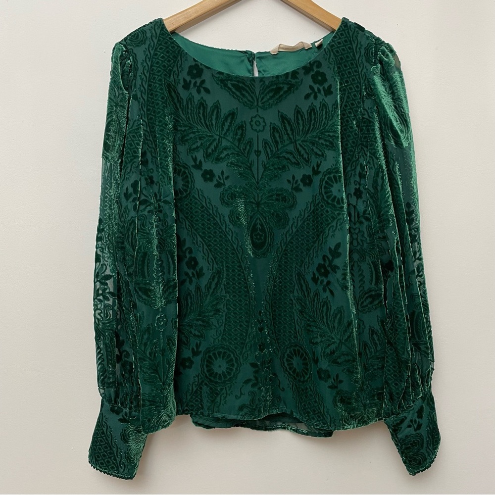 Soft surroundings emerald green velvet long sleeve top size L burnout chiffon